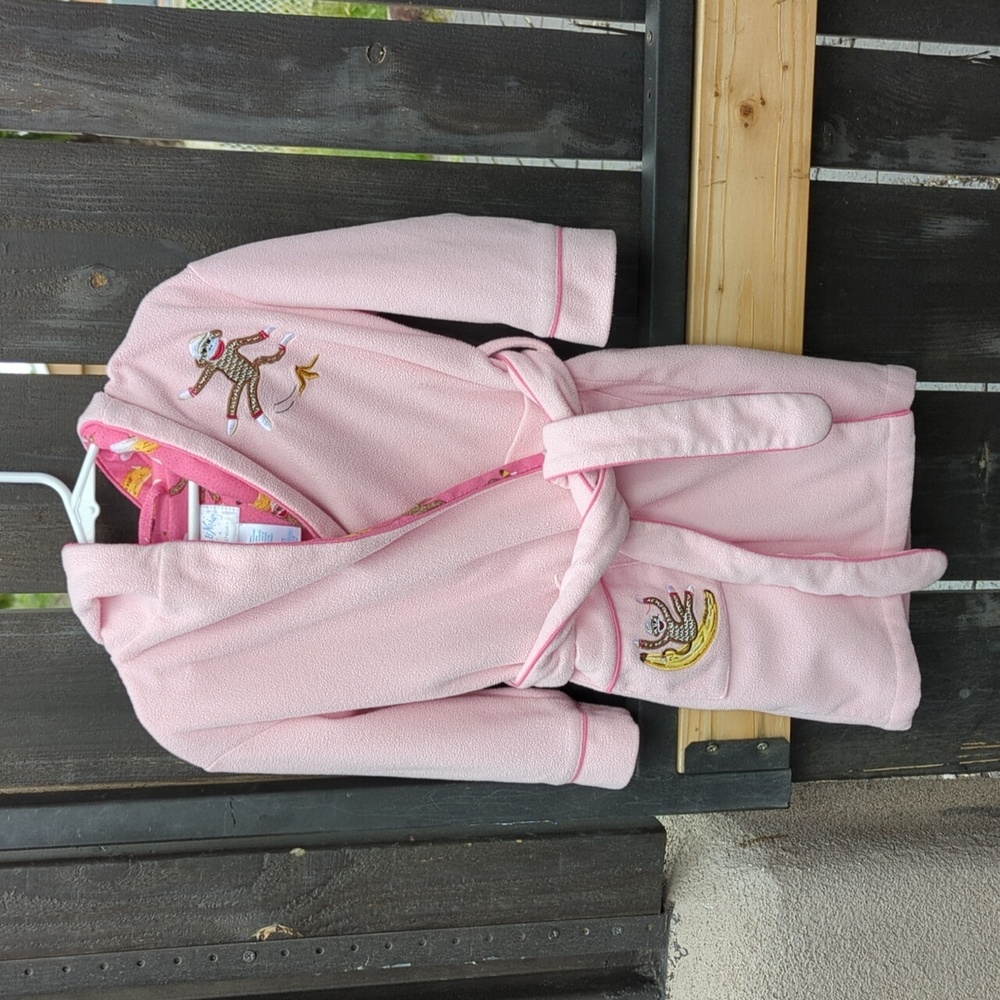 Nick & Nora Sleepwear Embroidered Pink Sock Monkey Bathrobe, 2T - Picture 7 of 8